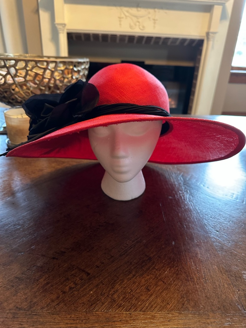 Red Wide-Brim Hat with Black Floral Accent - Picture 2 of 5